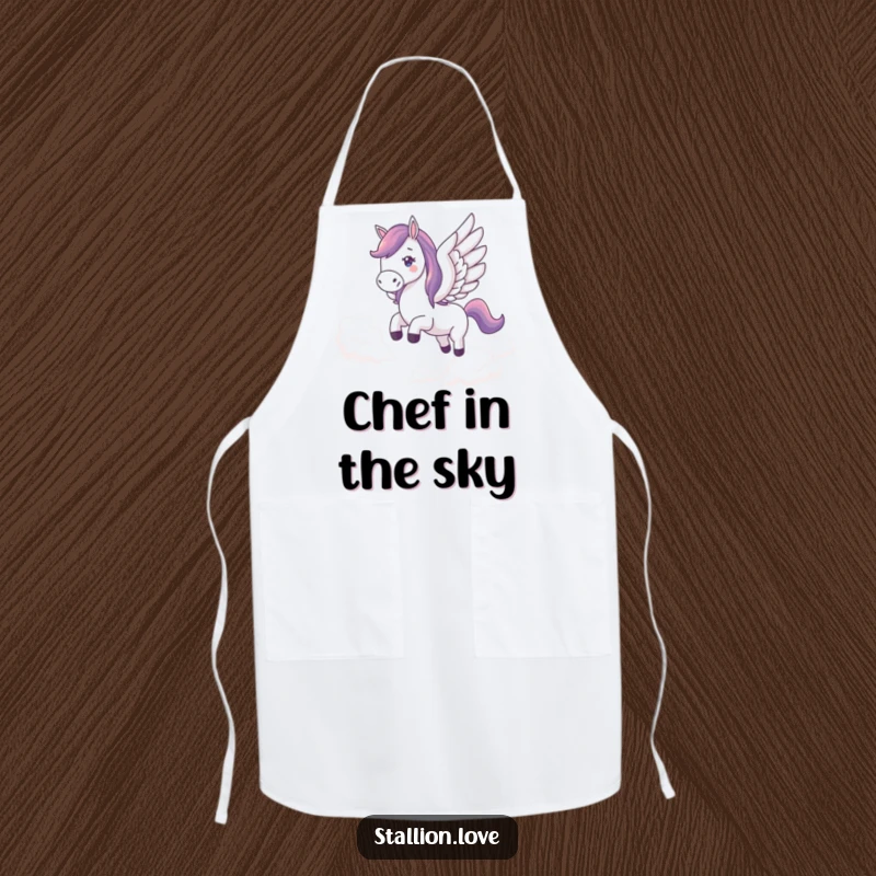 Funny apron showcasing a horse with wings soaring through clouds, perfect for cooking with a dose of magical, humorous style.