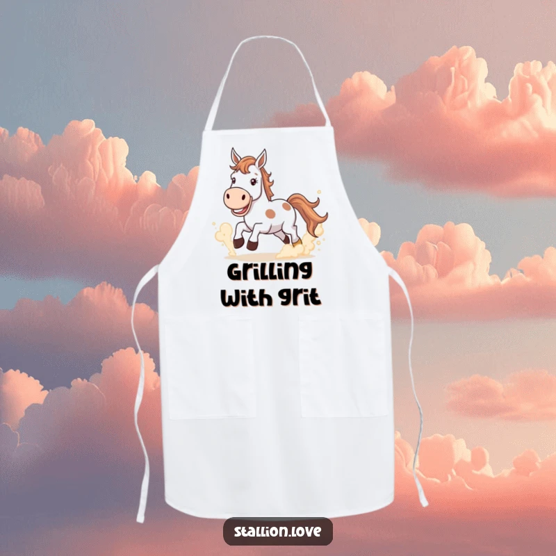 Funny Apron showing a horse with a wide grin kicking up dust clouds, ready for culinary chaos.