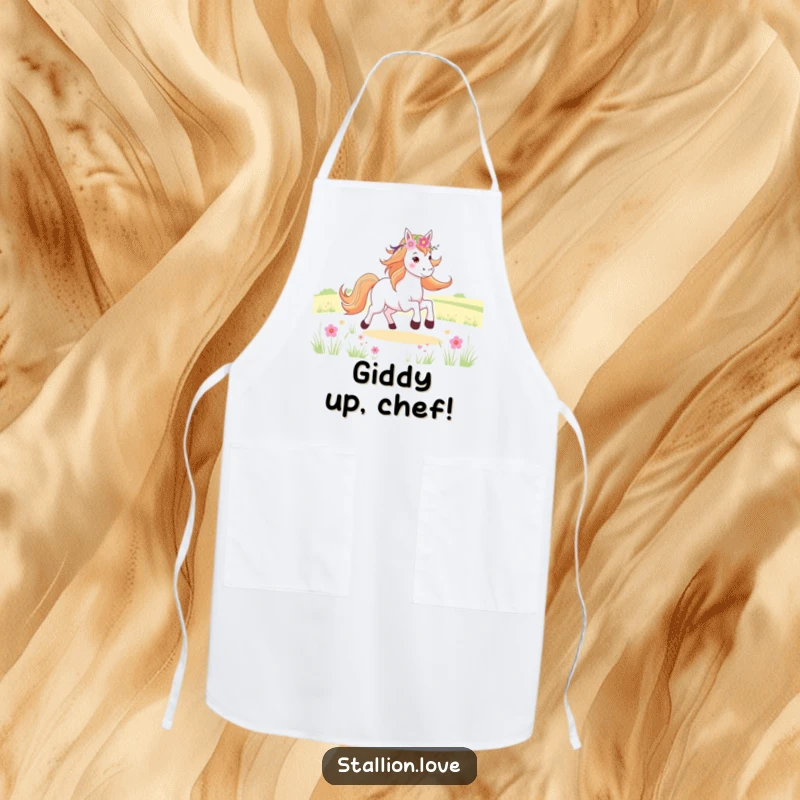 Funny Apron showing a horse with a flower crown joyfully galloping through a field, ready for culinary adventures.