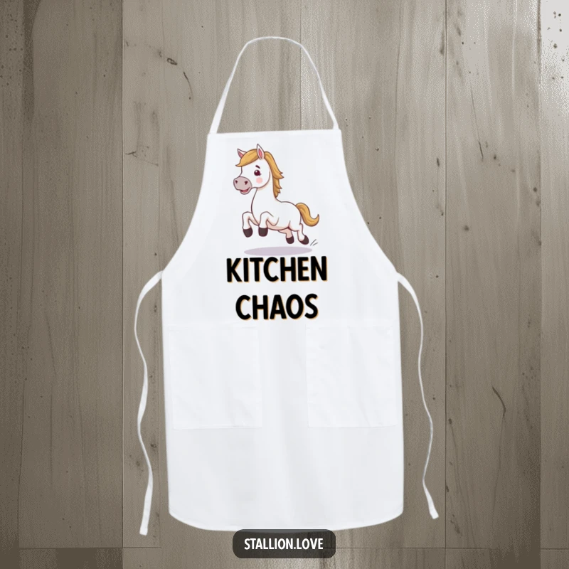 Funny horse character apron, comically stumbling during a trot, adding equestrian humor to the kitchen, a practical funny gift.