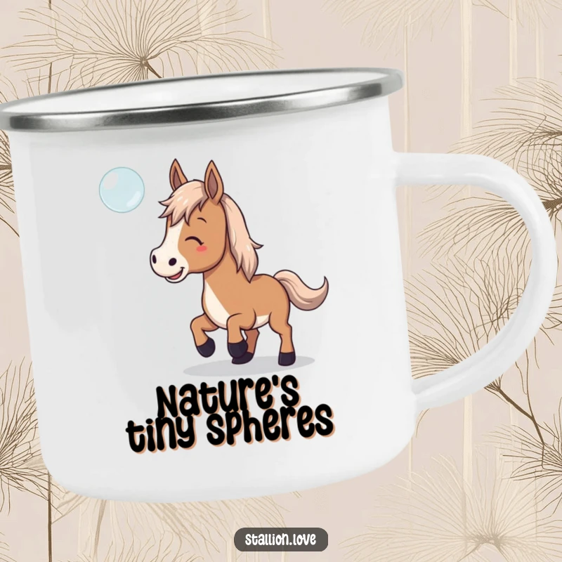 Funny Camping Mug featuring a horse playfully trying to catch a floating bubble, ideal for adding cheer to any adventure.