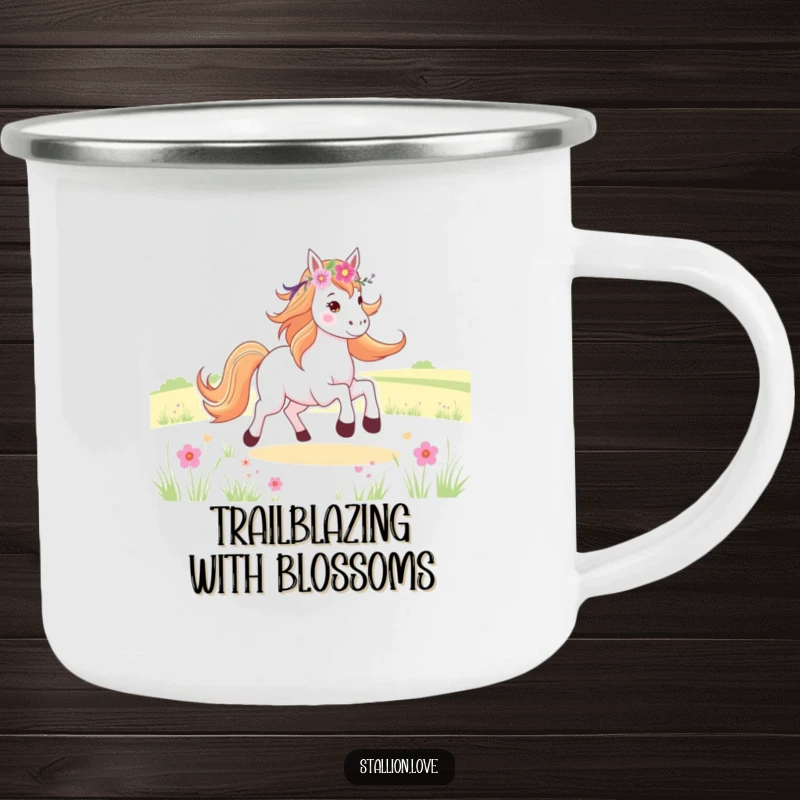 Funny Camping Mug featuring a horse wreathed in flowers, joyfully galloping through a field, ideal for rugged adventures.