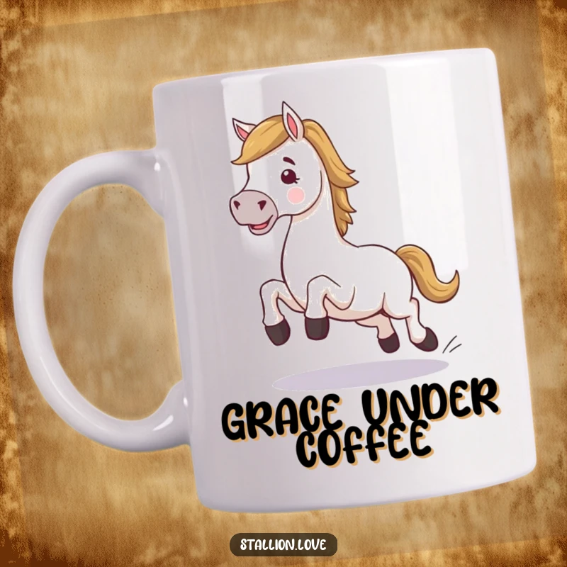 Funny horse character mug, comically stumbling while trotting, capturing a moment of equestrian clumsiness, a perfect funny gift.
