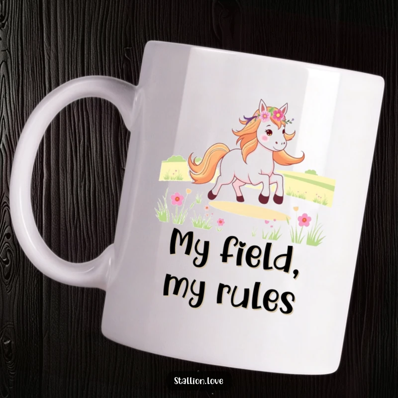 Funny Horse Mug with a flower crown galloping joyfully through a field, radiating happiness and carefree spirit.