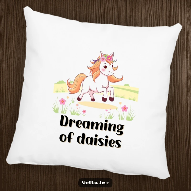 Funny Pillow featuring a horse with a flower crown joyfully galloping through a field, designed for ultimate comfort and smiles.