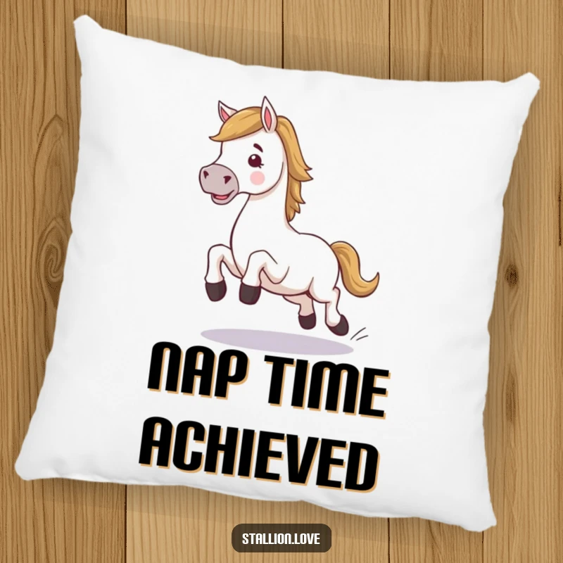 Funny horse character pillow, comically stumbling while trotting, bringing equestrian humor and comfort, a plush funny gift.