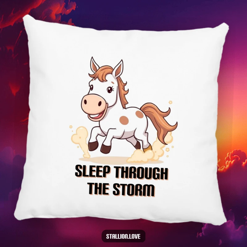 Funny Pillow featuring a horse with a wide grin kicking up dust clouds, designed for comfort and playful vibes.