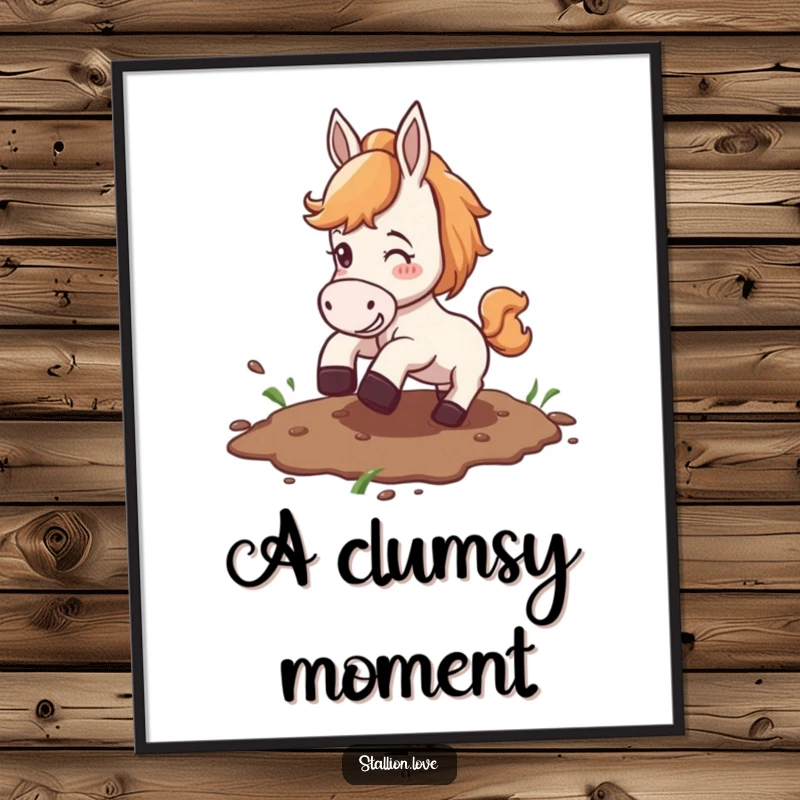 Funny digital art print of a horse comically slipping on mud, offering instant equestrian-themed humor for your walls.