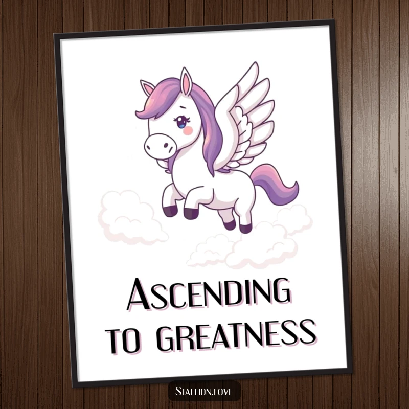 Funny digital art print of a horse with wings flying through clouds, offering majestic and whimsical humor for instant decor.