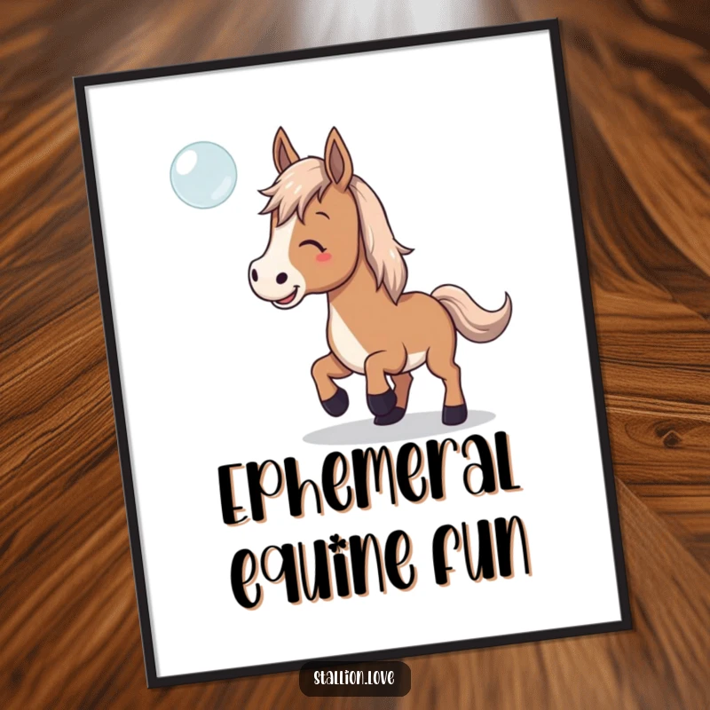 Funny Digital Art Print of a horse playfully trying to catch a floating bubble, radiating innocent fun.