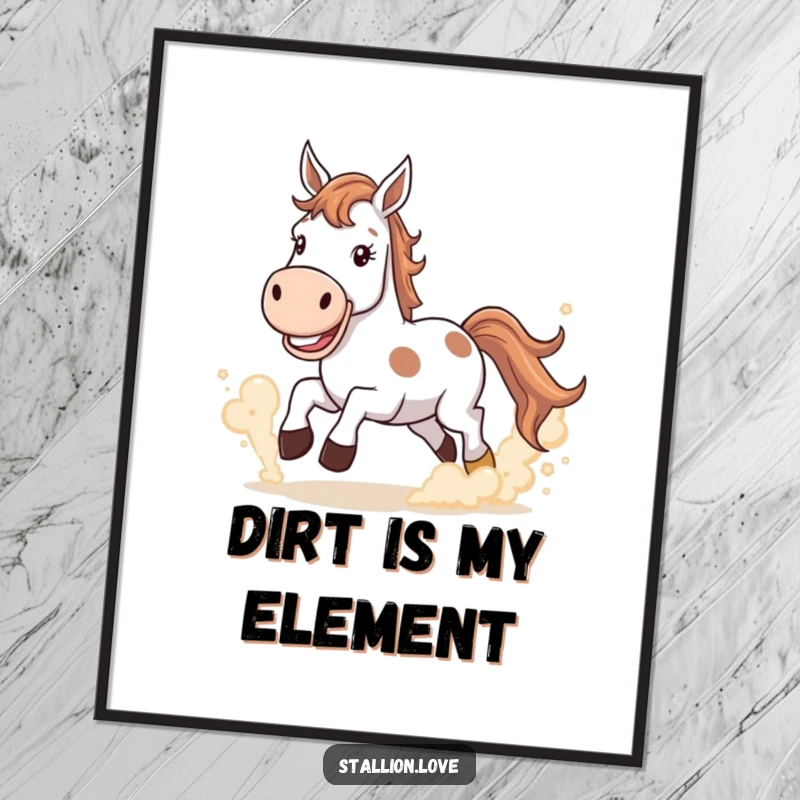 Funny Digital Art Print of a horse with a wide grin kicking up dust clouds, radiating playful power.