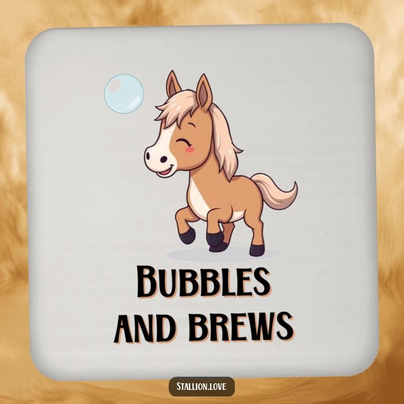 Funny Coaster set depicting a horse playfully trying to catch a floating bubble, adding a fun touch.