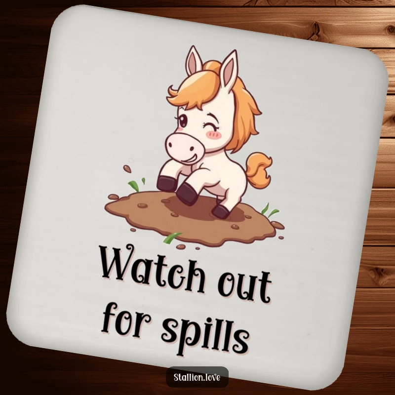 Funny drink coaster featuring a horse comically slipping on a muddy patch, protecting tables with equestrian humor.
