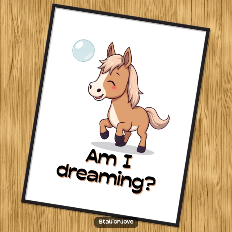 Funny Poster depicting a horse playfully trying to catch a floating bubble, capturing a moment of innocent fun.