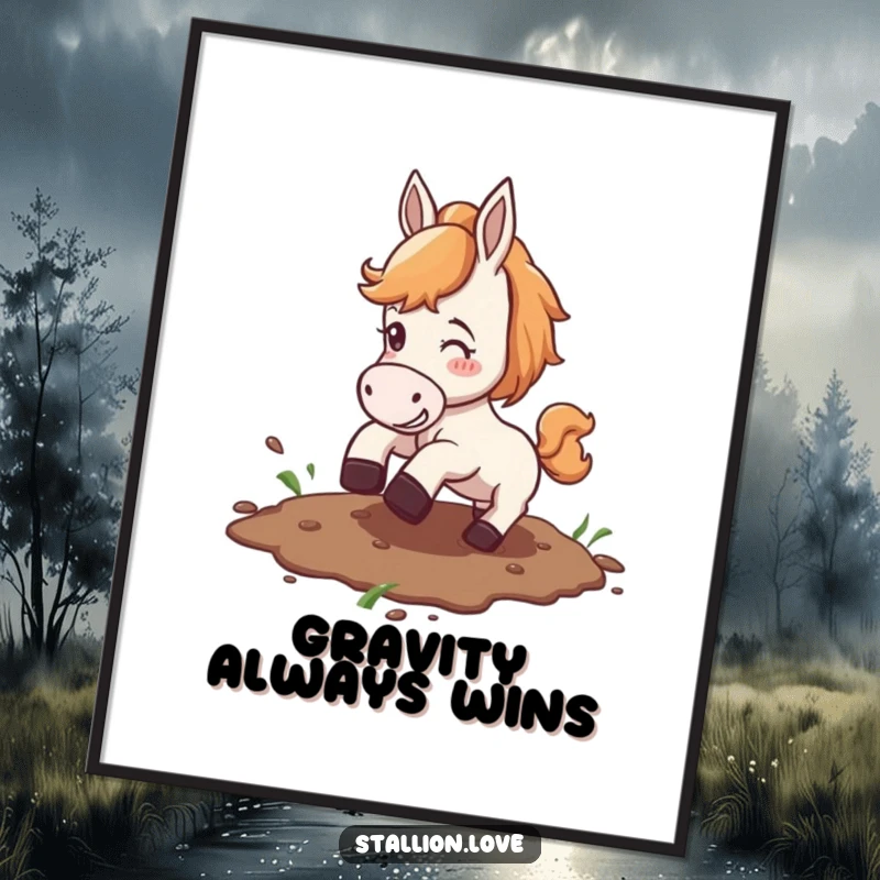 Funny wall art poster of a horse comically slipping on a muddy patch, bringing equestrian humor to any space.