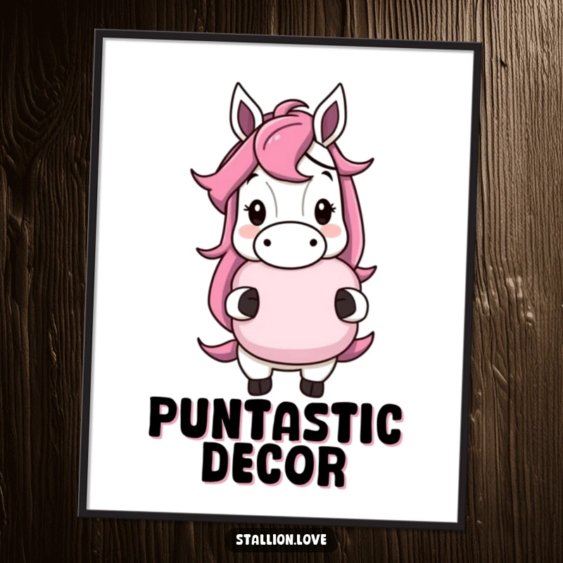 Funny horse character poster with a cheeky grin, holding a whoopee cushion, embodying playful humor, a delightful funny gift.
