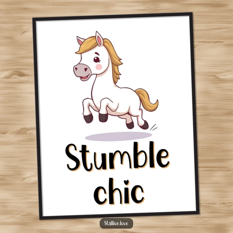 Funny horse character poster, comically stumbling while trotting, capturing an amusing equestrian moment, a delightful funny gift.