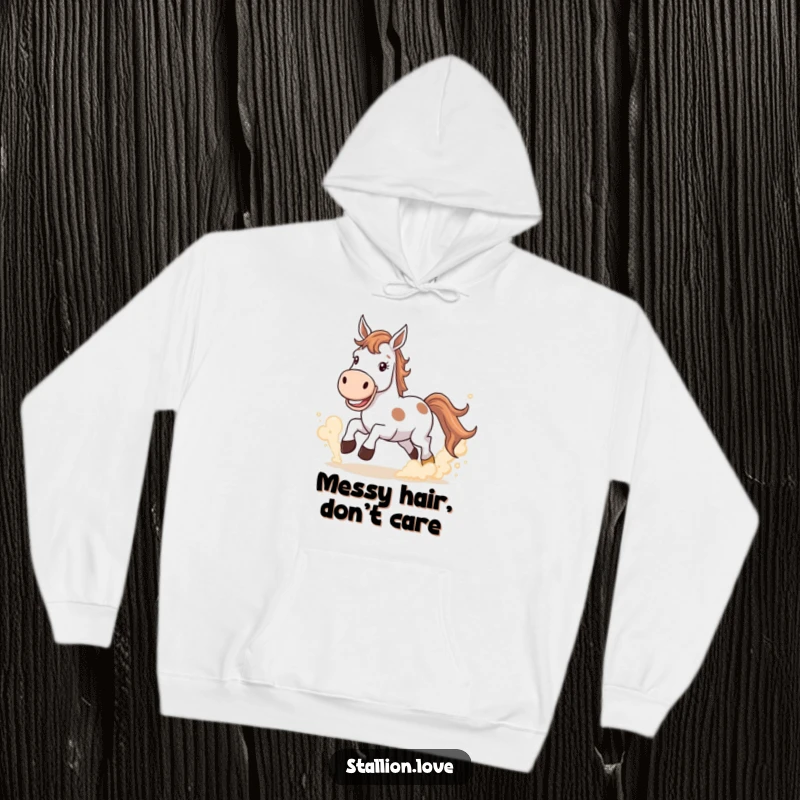 Funny Hoodie with a horse sporting a wide grin, kicking up dust clouds, embodying warmth and playful power.