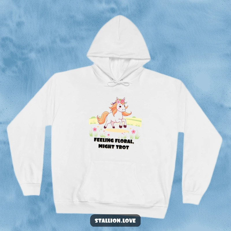Funny Hoodie featuring a horse crowned with flowers, joyfully galloping through a sunny field, embodying cheerful warmth.