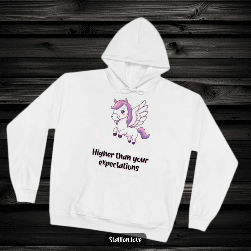 Funny hoodie featuring a horse with wings soaring through clouds, providing warmth and a touch of magical, whimsical humor.