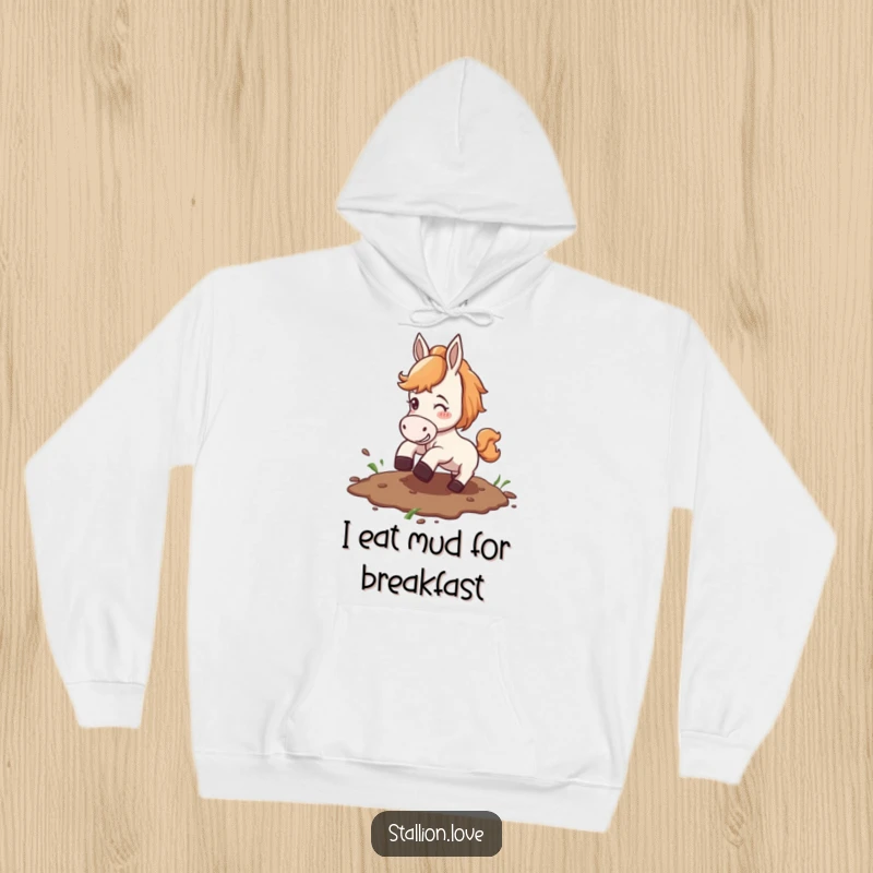 Funny hoodie showcasing a horse hilariously slipping on a patch of mud, perfect for cozy, comical wear.