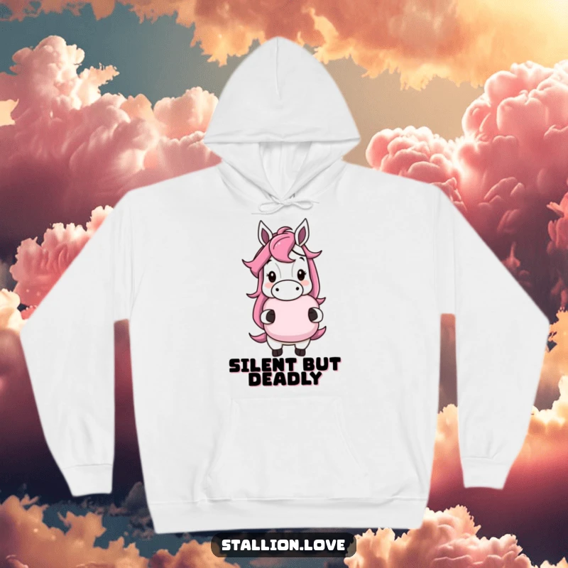 Funny horse character hoodie with a cheeky grin, holding a whoopee cushion, perfect for cozy prankster fun, a perfect funny gift.