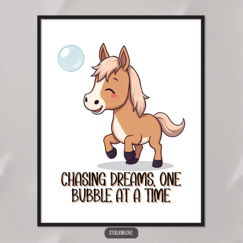 Funny Free Printable Wall Art: Horse playfully trying to catch a floating bubble, adding charm.