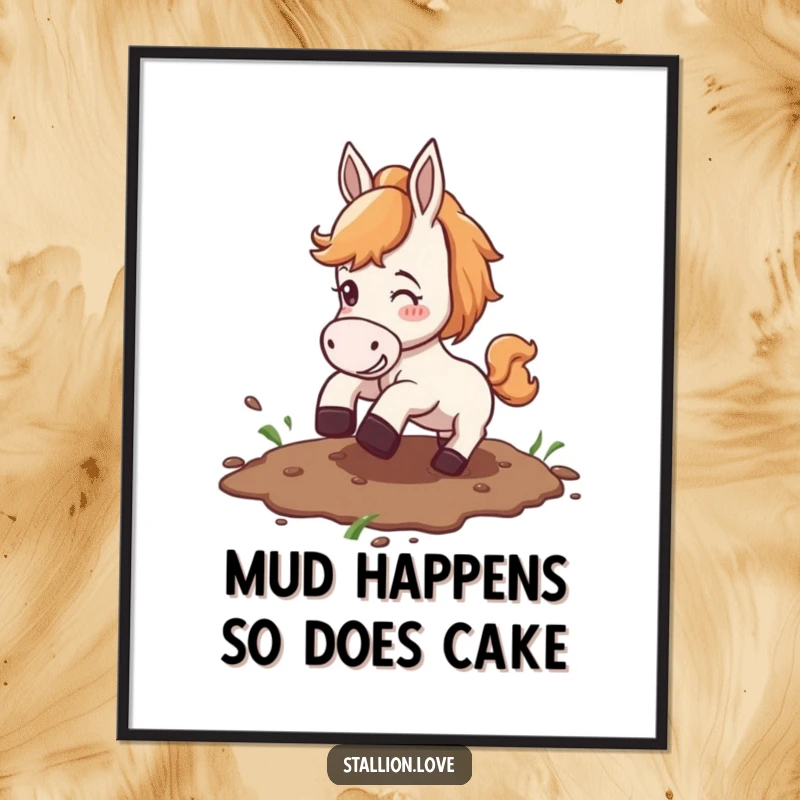 Funny Free Printable Horse Wall Art, horse comically slipping on muddy patch, humorous downloadable decor.