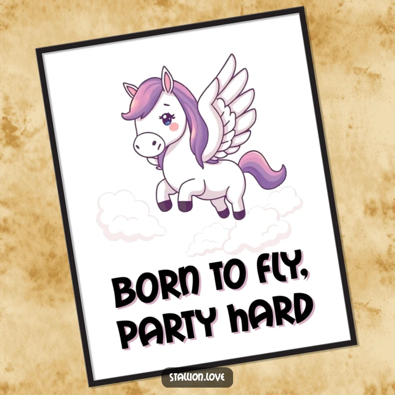 Funny Free Printable Horse Wall Art, horse with wings flying high in clouds, inspirational decor, downloadable.