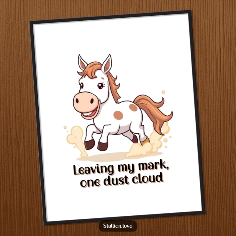 Funny Free Printable Wall Art: Horse with a wide grin kicking up dust clouds, full of energy.