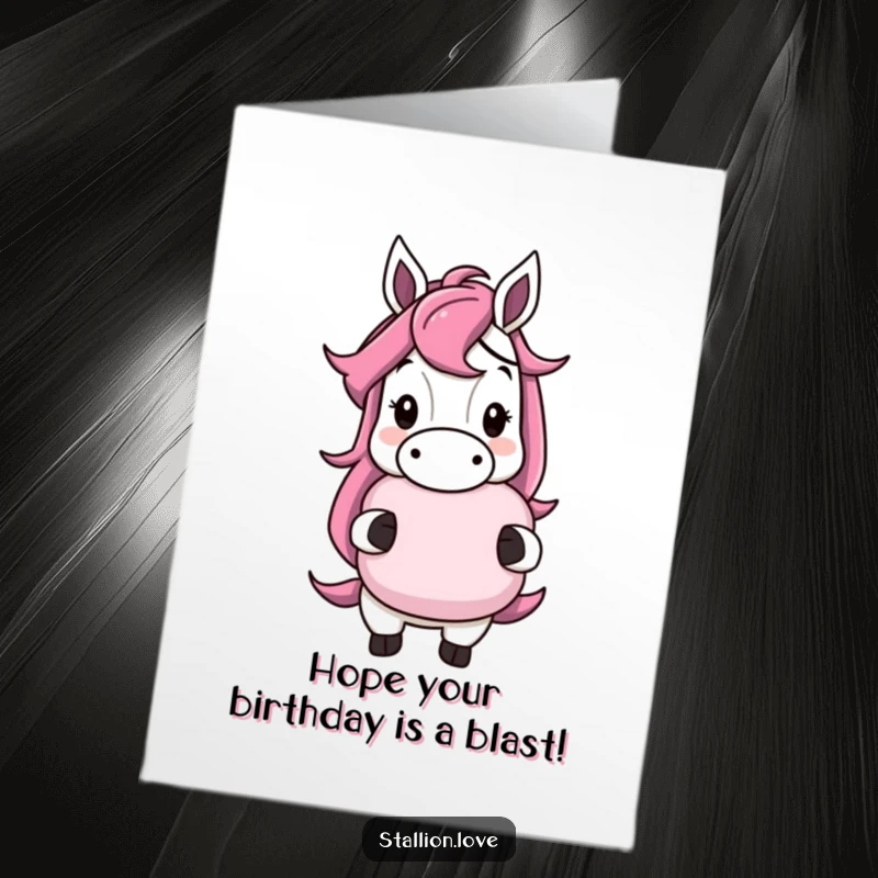 Funny Free Printable Birthday Card: A horse character with a mischievous grin holding a classic whoopee cushion.