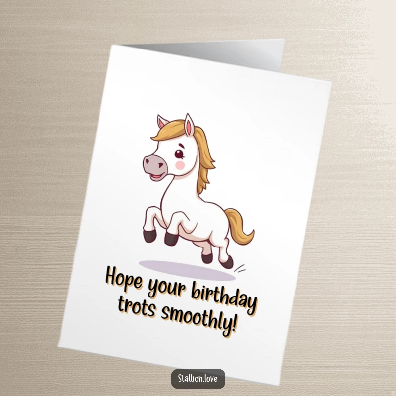 Funny Free Printable Birthday Card: A clumsy horse character comically tripping while attempting to trot gracefully.