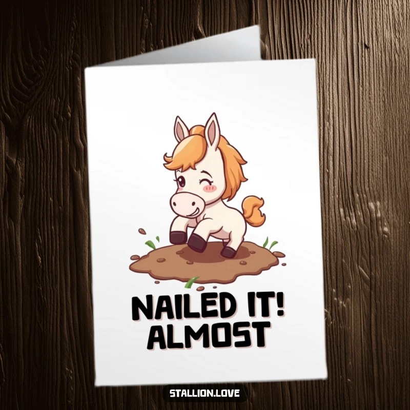 Funny Free Printable Horse Congratulations Card, horse slipping in mud, hilarious greeting, DIY gift.