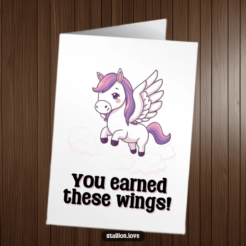 Funny Free Printable Horse Congratulations Card, horse with wings flying, epic success greeting, downloadable art.