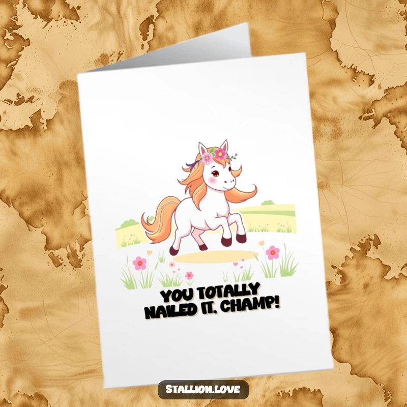 Funny Free Printable Congrats Card: Horse with flower crown galloping through a field, celebrating success.