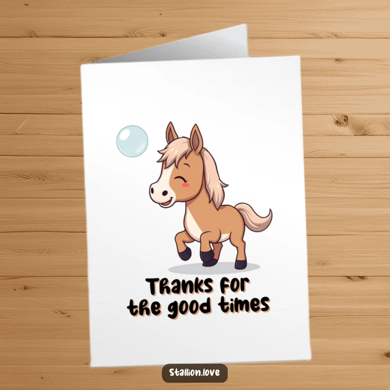 Funny Free Printable Thank You Card: Horse playfully trying to catch a bubble, expressing thanks.