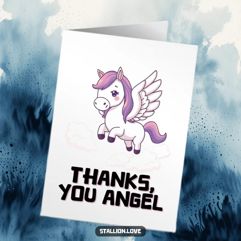 Funny Free Printable Horse Thank You Card, horse with wings soaring, magical gratitude greeting, downloadable.