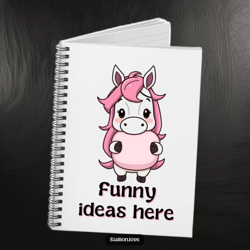 Funny horse character notebook with a cheeky grin, holding a whoopee cushion, for jotting down pranks, a useful funny gift.