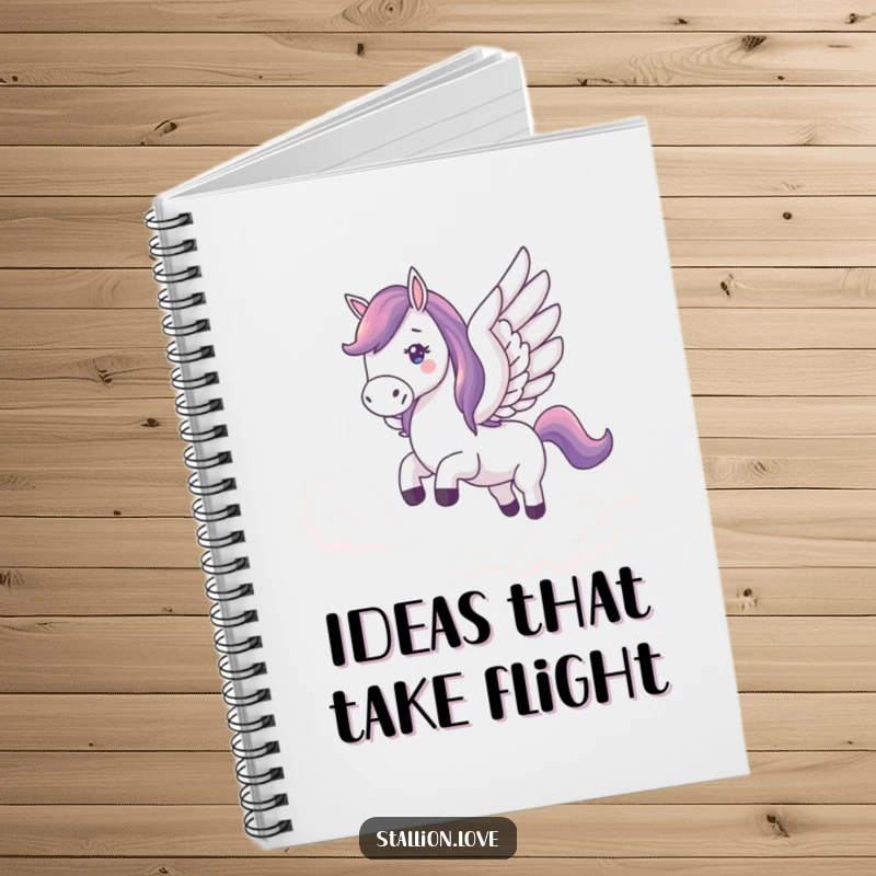 Funny notebook cover featuring a horse with wings flying through clouds, designed for jotting down magical thoughts and dreams.