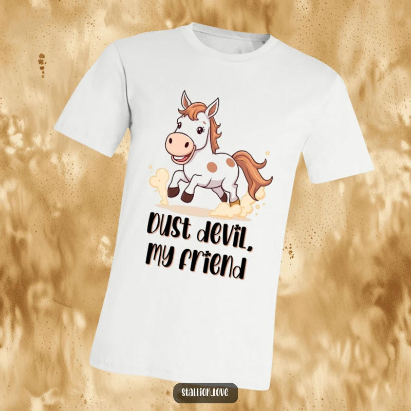 Funny T-Shirt featuring a horse with a wide grin kicking up dust clouds, symbolizing power and playful energy.