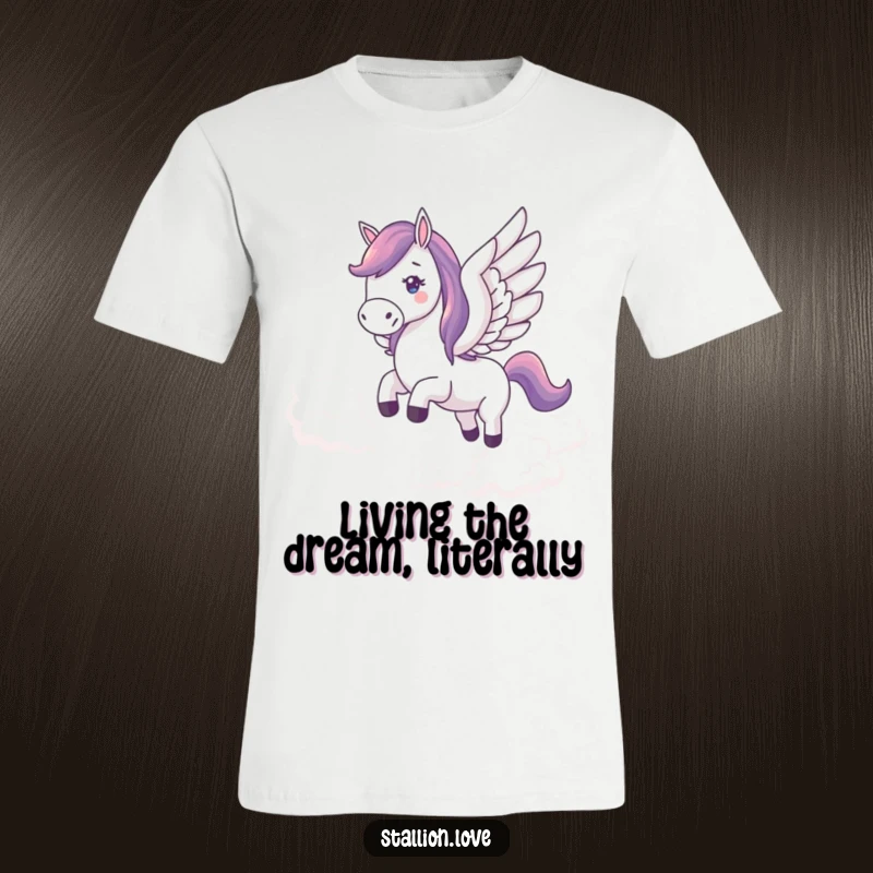 Funny t-shirt showing a horse with large wings flapping, flying high above the clouds in a majestic, comical manner.