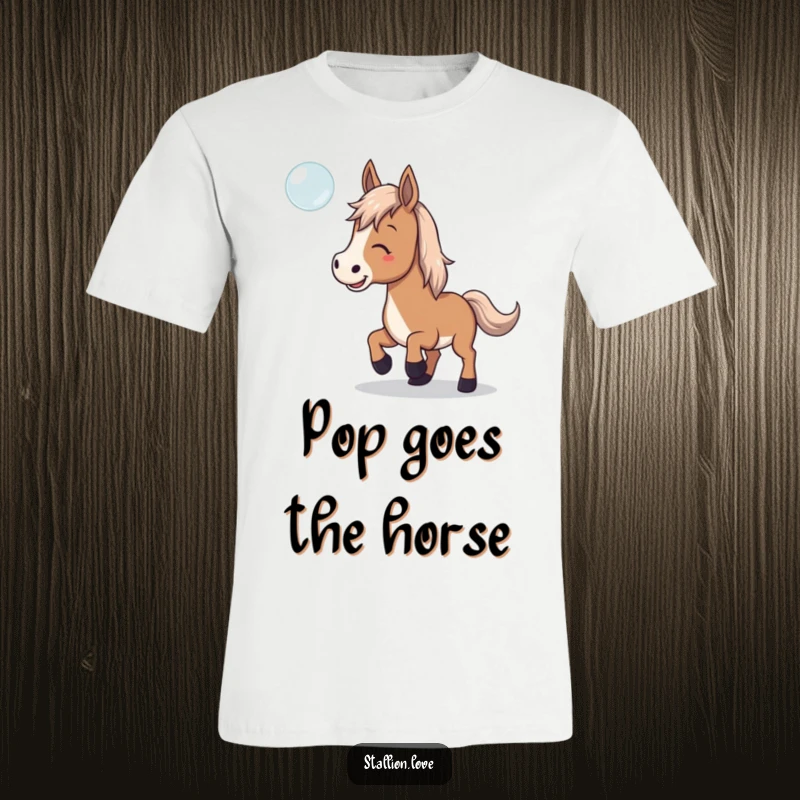 Funny T-Shirt showing a horse playfully trying to catch a floating bubble, with a look of pure concentration and fun.