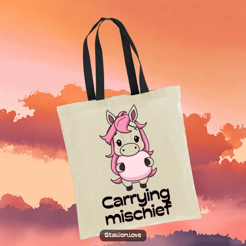Funny horse character tote bag with a cheeky grin, holding a whoopee cushion, ready for playful mischief, a great funny gift.