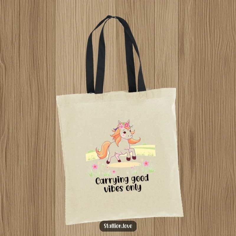 Funny Tote Bag with a horse wearing a flower crown, joyfully galloping across a picturesque field, perfect for market trips.