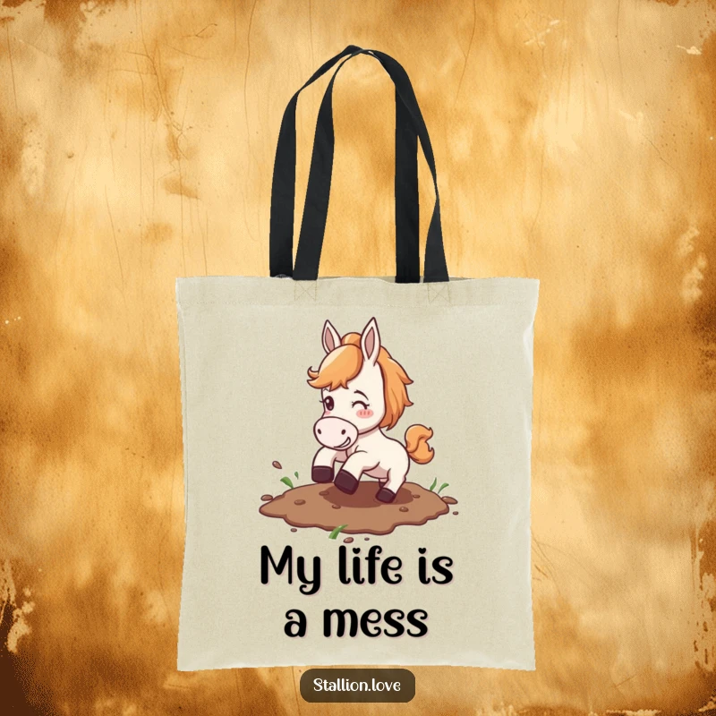 Funny tote bag featuring a horse comically losing its footing on a muddy patch, ready for everyday humor.